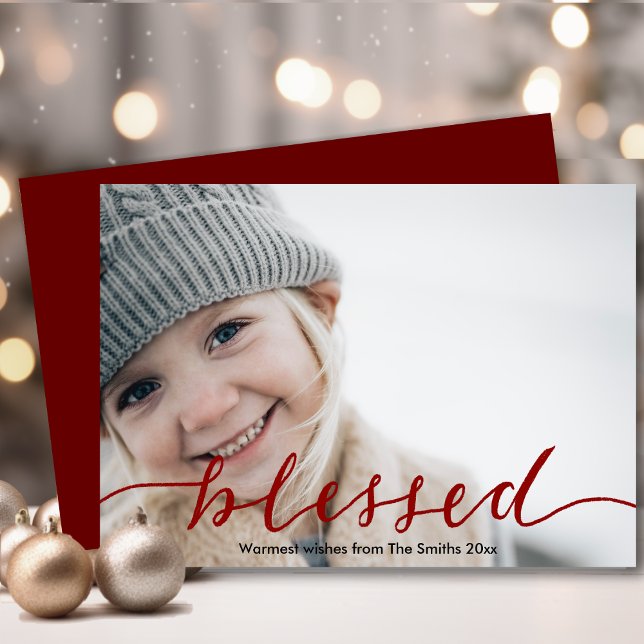 Elegant Burgundy Red Script Blessed Simple Photo Holiday Card (Creator Uploaded)