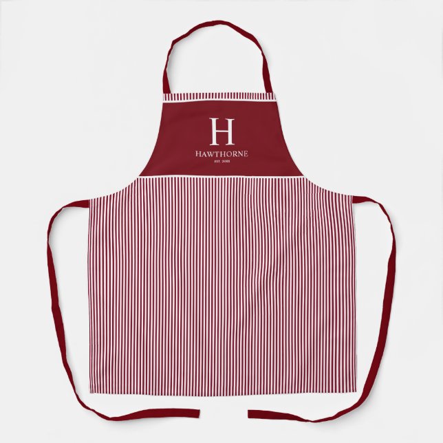 Elegant Burgundy Red Stripe Monogram Name Apron (Front)