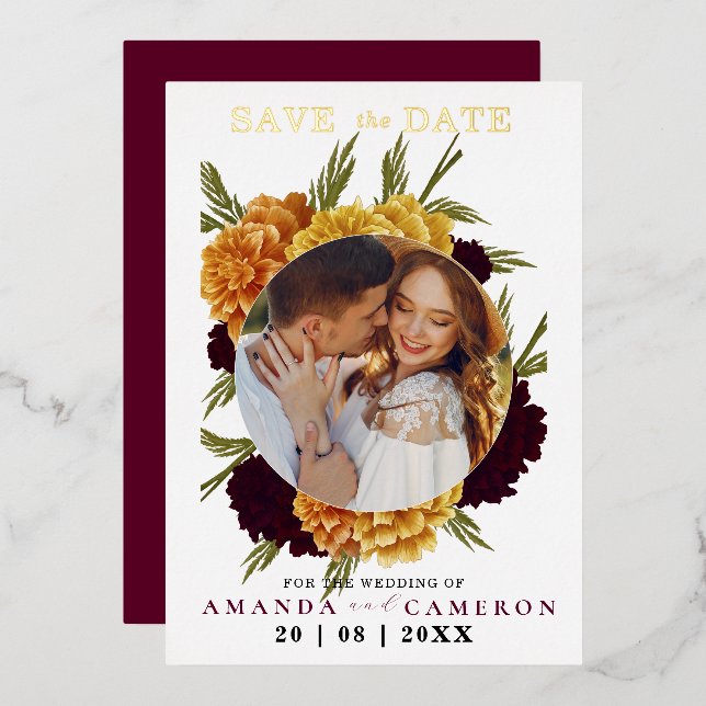 Elegant Burgundy Red Watercolor "MARIGOLD" Photo  (Front/Back)