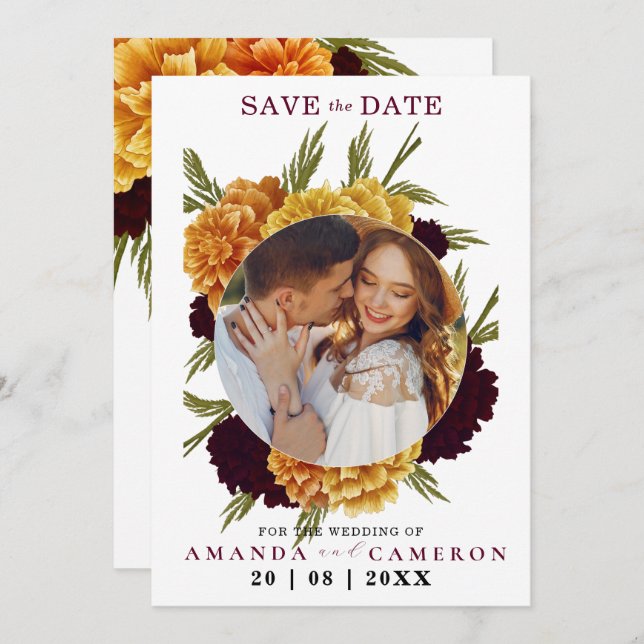 Elegant Burgundy Red Watercolor "MARIGOLD" Photo  Save The Date (Front/Back)