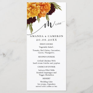 Elegant Burgundy Red Watercolor "MARIGOLD" Wedding Menu