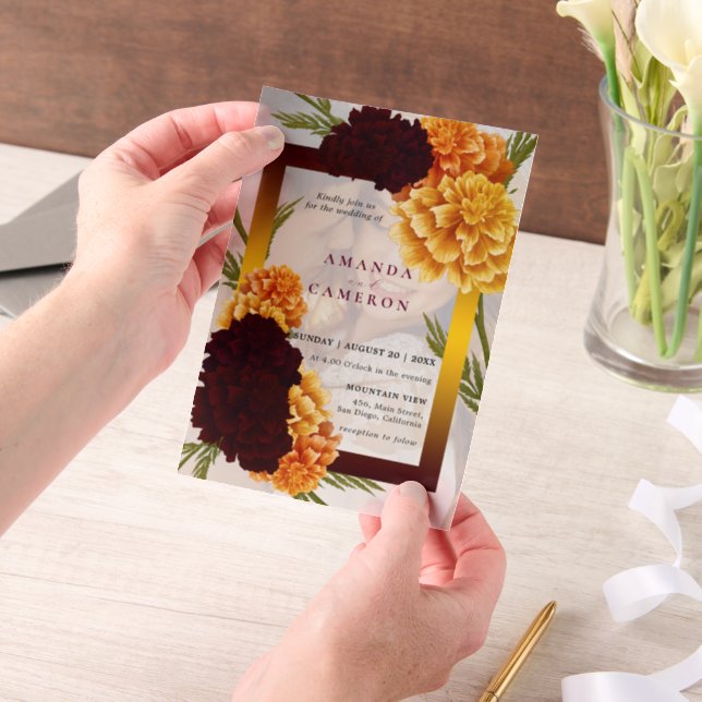 Elegant Burgundy Red Watercolor "MARIGOLD" Wedding Vellum Invitations (Handheld)