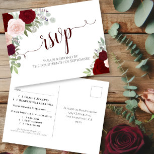 Elegant Burgundy Red Watercolor Roses Wedding RSVP Postcard