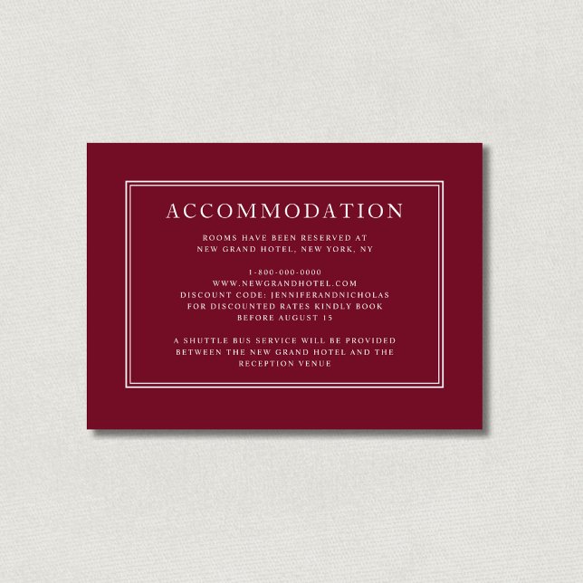 Elegant  Burgundy Red Wedding Accommodation Enclosure Card (Elegant Burgundy Red Wedding Accommodation Enclosure Card)
