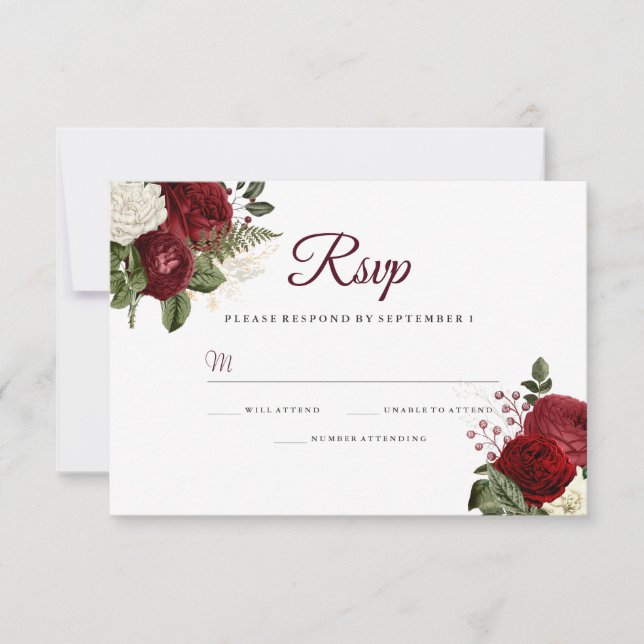 Elegant Burgundy Red White Floral Wedding RSVP Card (Front)