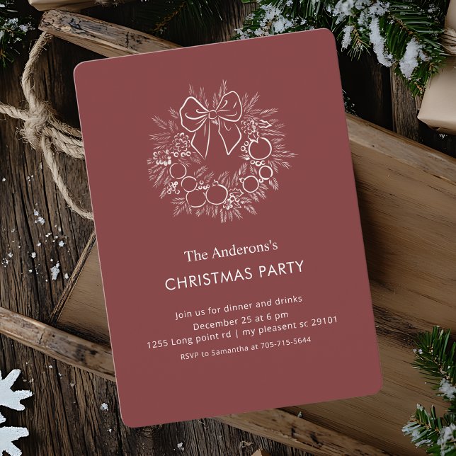 Elegant Burgundy Red Wreath Christmas Party  Invitation (Creator Uploaded)