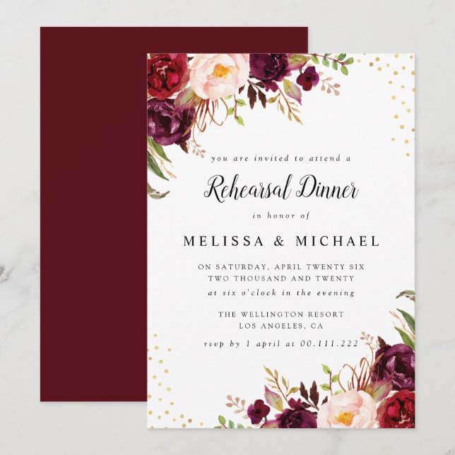 elegant burgundy rehearsal dinner invitation (Front/Back)