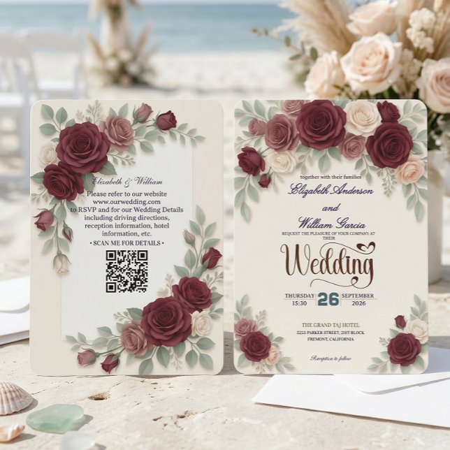 Elegant Burgundy Rose All In One QR Code Wedding Invitation (Creator Uploaded)
