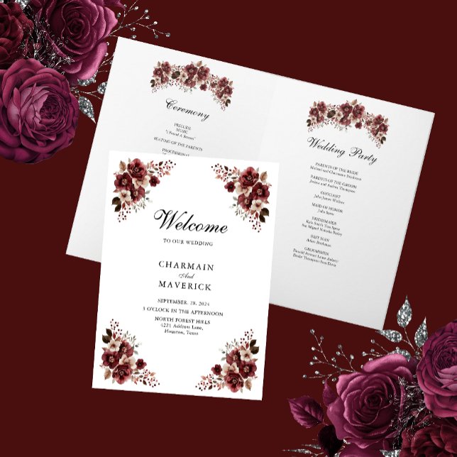 Elegant burgundy rose and floral design Wedding Programme (Creator Uploaded)
