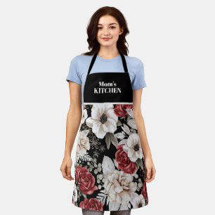 Elegant Burgundy Rose Black Floral Pattern Apron