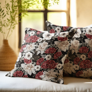 Elegant Burgundy Rose Black Floral Pattern Cushion