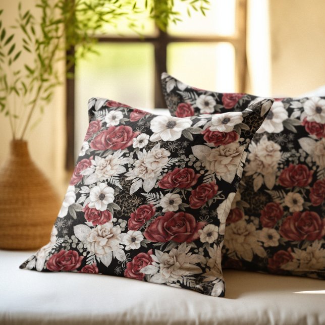 Elegant Burgundy Rose Black Floral Pattern Cushion (Creator Uploaded)
