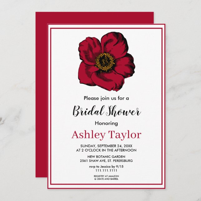 Elegant burgundy rose fall floral Bridal Shower Invitation (Front/Back)