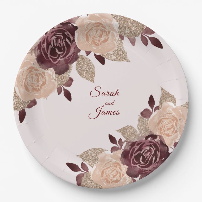 Elegant Burgundy Rose Gold Glitter Floral Wedding Paper Plate (Front)