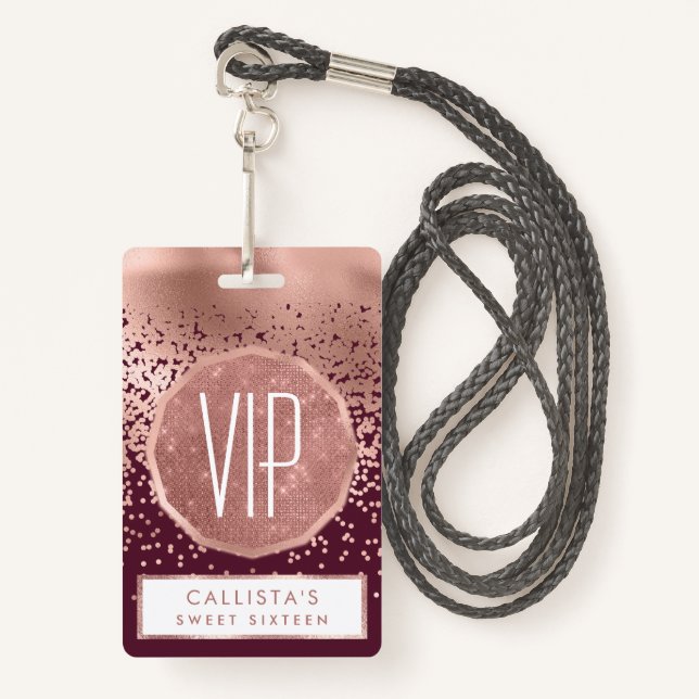 Elegant Burgundy Rose Gold Polka Dot Gradient ID Badge (Front with Lanyard)