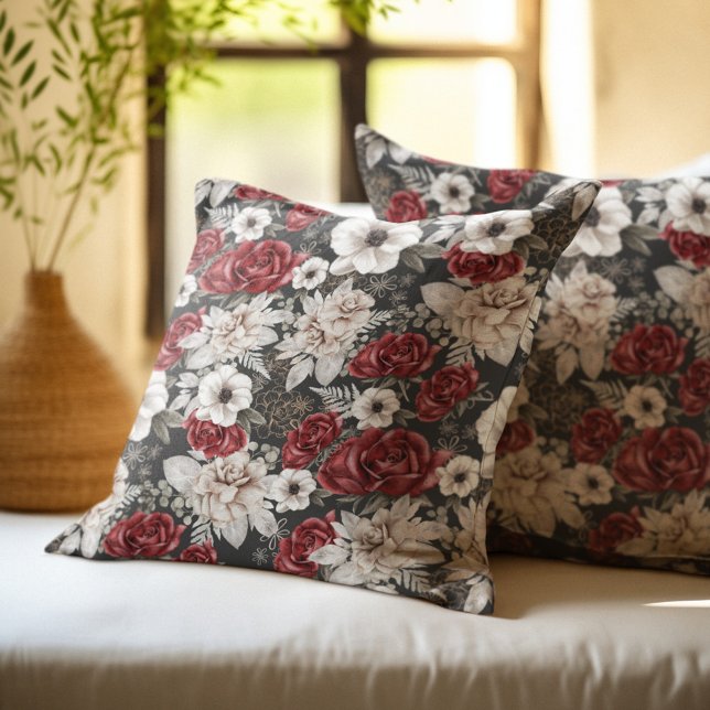 Elegant Burgundy Rose Grey Floral Pattern Cushion (Creator Uploaded)