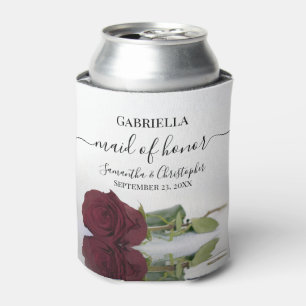 Elegant Burgundy Rose Maid of Honor Wedding Can Cooler