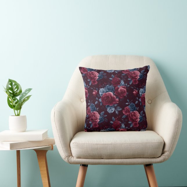 Elegant Burgundy Rose Navy Floral Pattern Cushion (Chair)