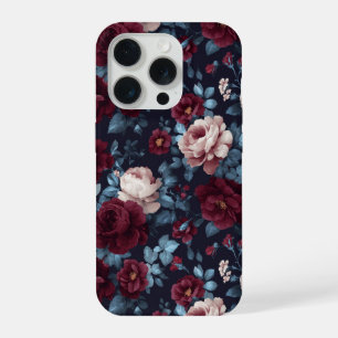 Elegant Burgundy Rose Navy Floral Pattern iPhone 15 Pro Case