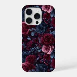 Elegant Burgundy Rose Navy Floral Pattern iPhone 15 Pro Case