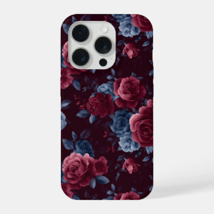 Elegant Burgundy Rose Navy Floral Pattern iPhone 15 Pro Case