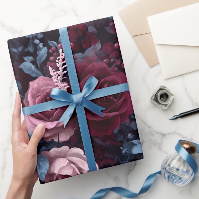 Elegant Burgundy Rose Navy Floral Pattern Wrapping Paper (Gifting)
