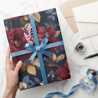 Elegant Burgundy Rose Navy Floral Pattern Wrapping Paper