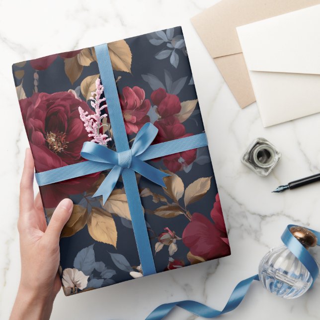 Elegant Burgundy Rose Navy Floral Pattern Wrapping Paper (Gifting)