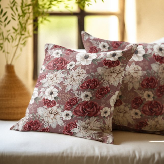 Elegant Burgundy Rose Pink Floral Pattern Cushion (Creator Uploaded)