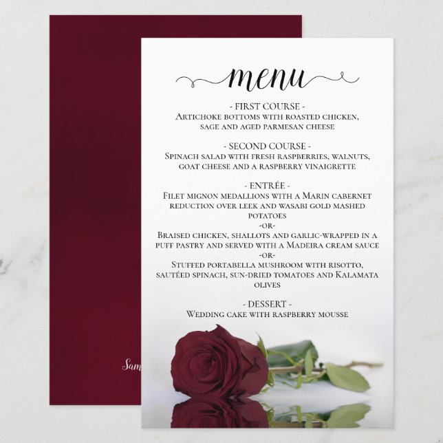 Elegant Burgundy Rose Romantic Budget Wedding Menu (Front/Back)