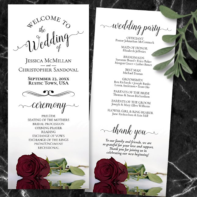Elegant Burgundy Rose Simple Romantic Wedding Programme (Front and Back)