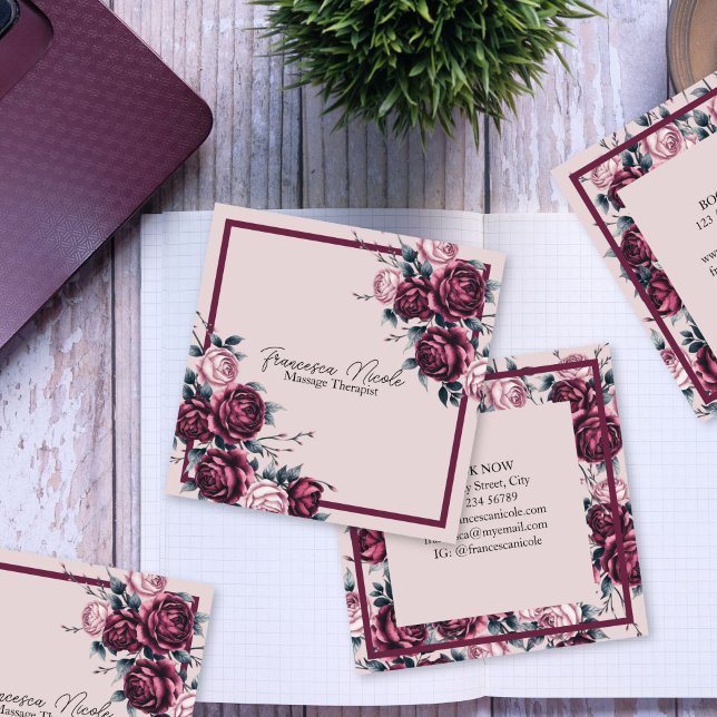 Elegant Burgundy Rose Square Business Card (Creator Uploaded)