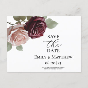 Elegant Burgundy Rose Wedding Save The Date Announcement Postcard