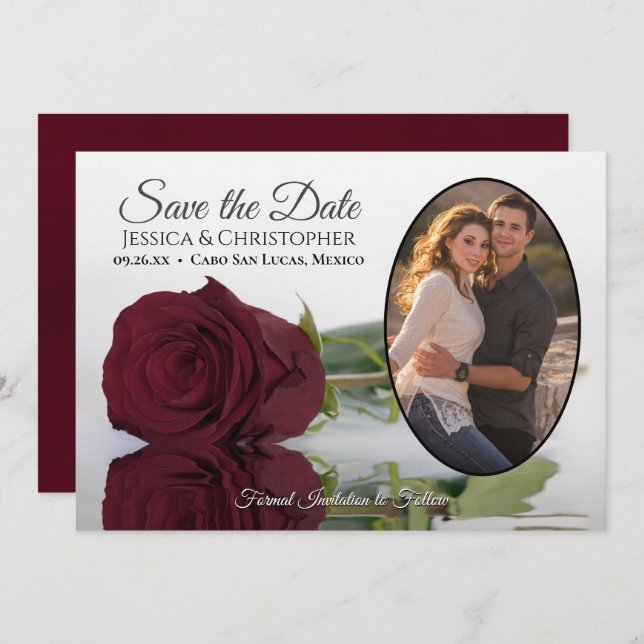 Elegant Burgundy Rose with Oval Photo Wedding Save The Date (Front/Back)