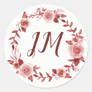 Elegant Burgundy Rose Wreath Monogram Wedding Classic Round Sticker