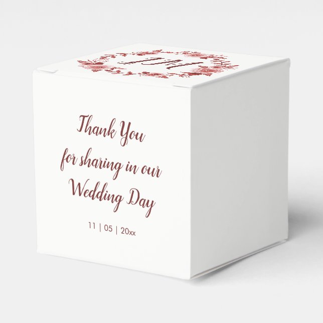 Elegant Burgundy Rose Wreath Monogram Wedding Favour Box (Front Side)