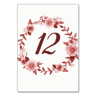 Elegant Burgundy Rose Wreath Table Number Cards