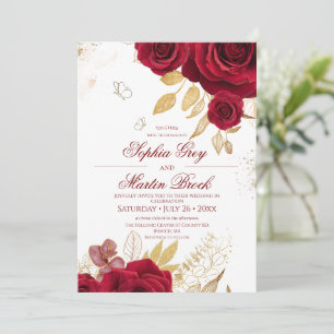 Elegant Burgundy Roses and Gold Floral Wedding  Invitation