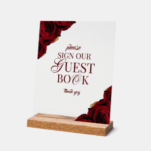 Elegant Burgundy Roses Guest Book Wedding Acrylic Sign