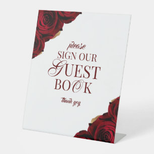 Elegant Burgundy Roses Guest Book Wedding Pedestal Sign