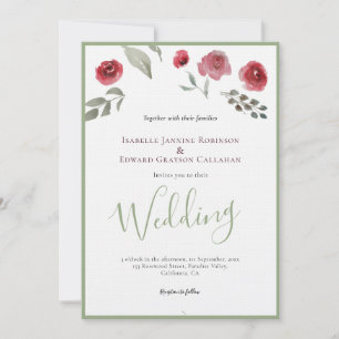 Elegant Burgundy Roses & Sage Green Wedding Invitation