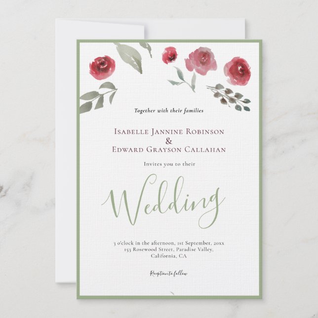 Elegant Burgundy Roses & Sage Green Wedding Invitation (Front)