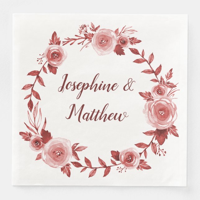 Elegant Burgundy Roses Wreath Wedding Napkin (Front)
