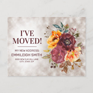 Elegant Burgundy Rust Orange Floral Change Address Announcement Postcard