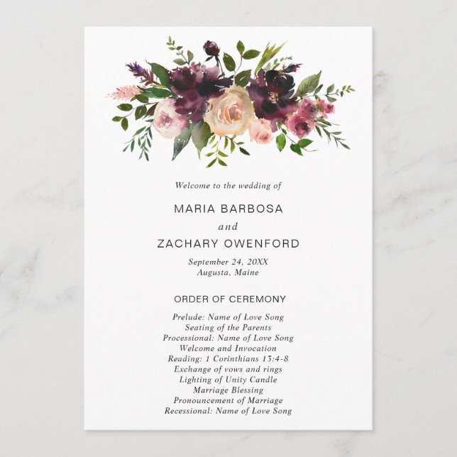 Elegant Burgundy Rustic Fall Floral Wedding Programme (Front)
