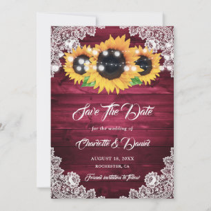 Elegant Burgundy Rustic Wood Lace Sunflower Save The Date