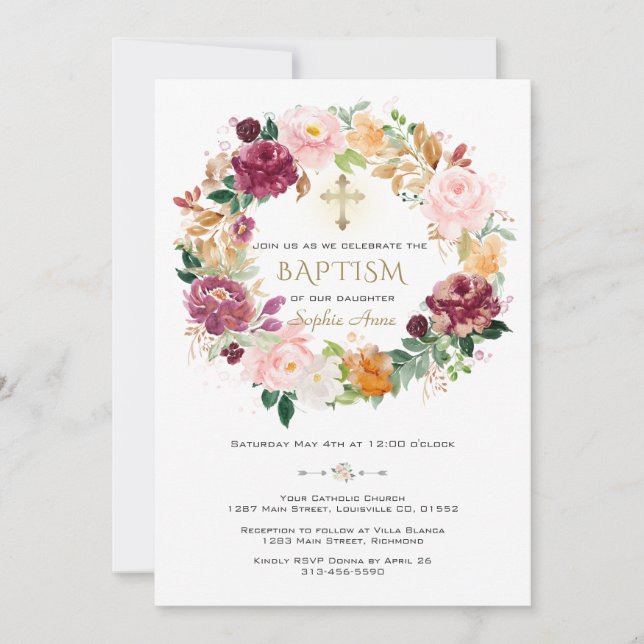 Elegant Burgundy Saffron Flowers Wreath Baptism Invitation (Front)