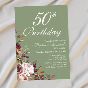 Elegant Burgundy Sage Floral 50th Birthday Party Invitation