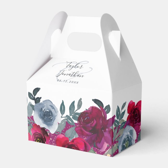 Elegant Burgundy Sage Green Blue Floral Wedding Favour Box (Front Side)
