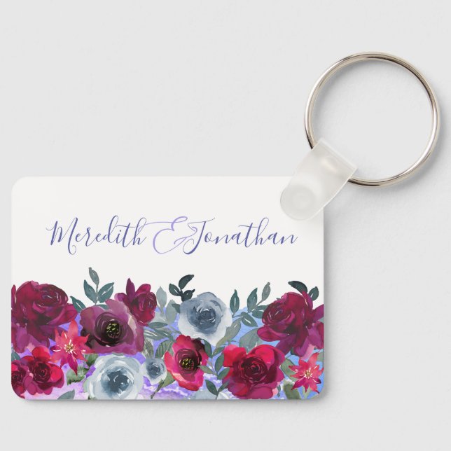 Elegant Burgundy Sage Green Blue Floral Wedding Key Ring (Front)